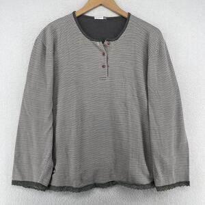 KARELPIU Top Womens XL VERY LOVE Striped Henley Lace Trim Long Sleeve Gray